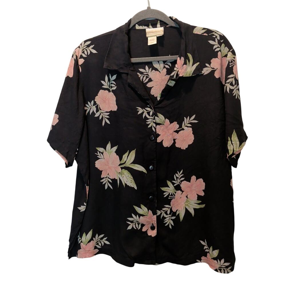 Coldwater Creek Womens Sz 2X 100% Silk Black Floral Button Up Shirt Short Sleeve